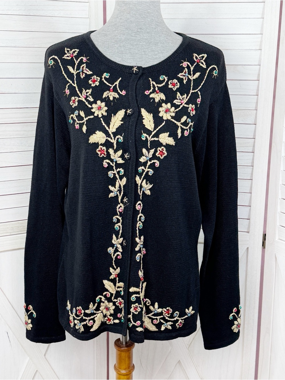 Vintage Arriviste Embroidered Beaded Cardigan Sweater Black Gold Medium 90s Y2K